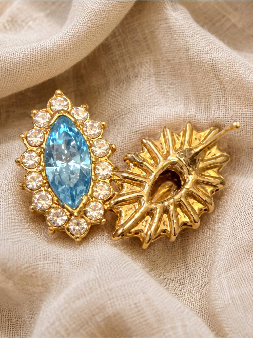Estate Marquise Aquamarine Blue Stud Earrings | CZ Crystal Halo | Gold Tone